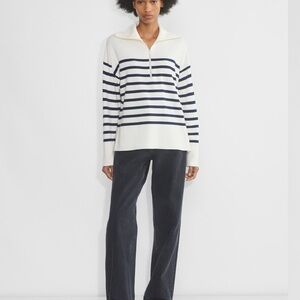 Babaton 2XS Cream and Navy Striped Merino Wool Sweater Preppy Quiet Luxury Soft